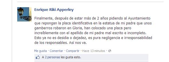 Comentario que Enrique Apperley ha escrito en facebook .