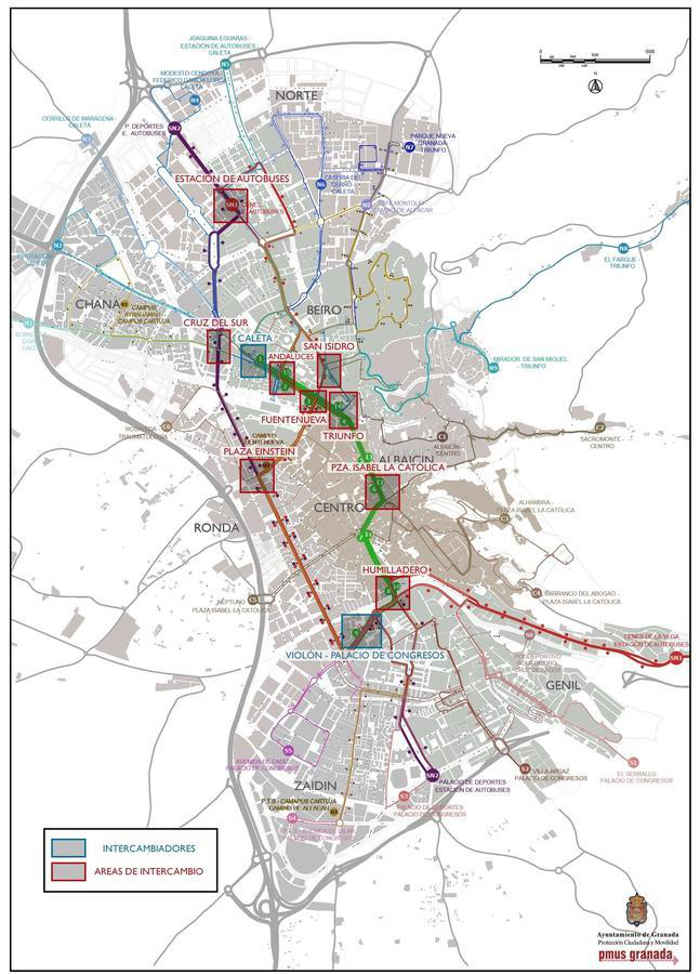 Mapa de los intercambiadores y áreas de intercambio de autobuses en la capital. IDEAL
