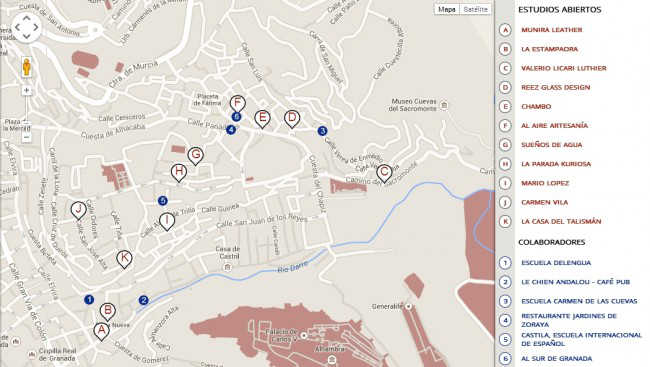 Mapa del ‘Albayzín a mano’ con los negocios artesanales y empresas colaboradoras. GiM2014