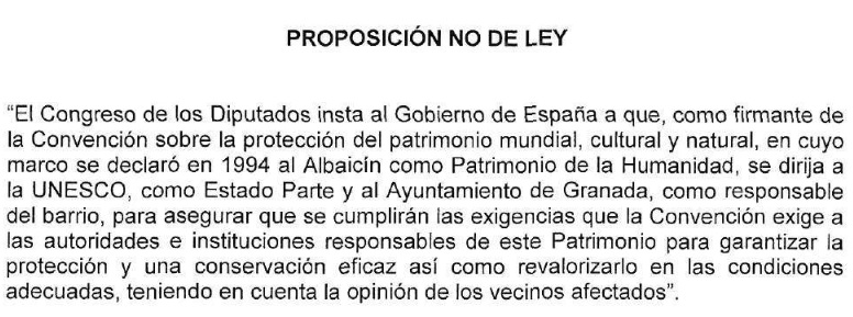 Propuesta No de Ley del PSOE en el Congreso sobre conservación del Albayzín como Patrimonio Mundial. 2014