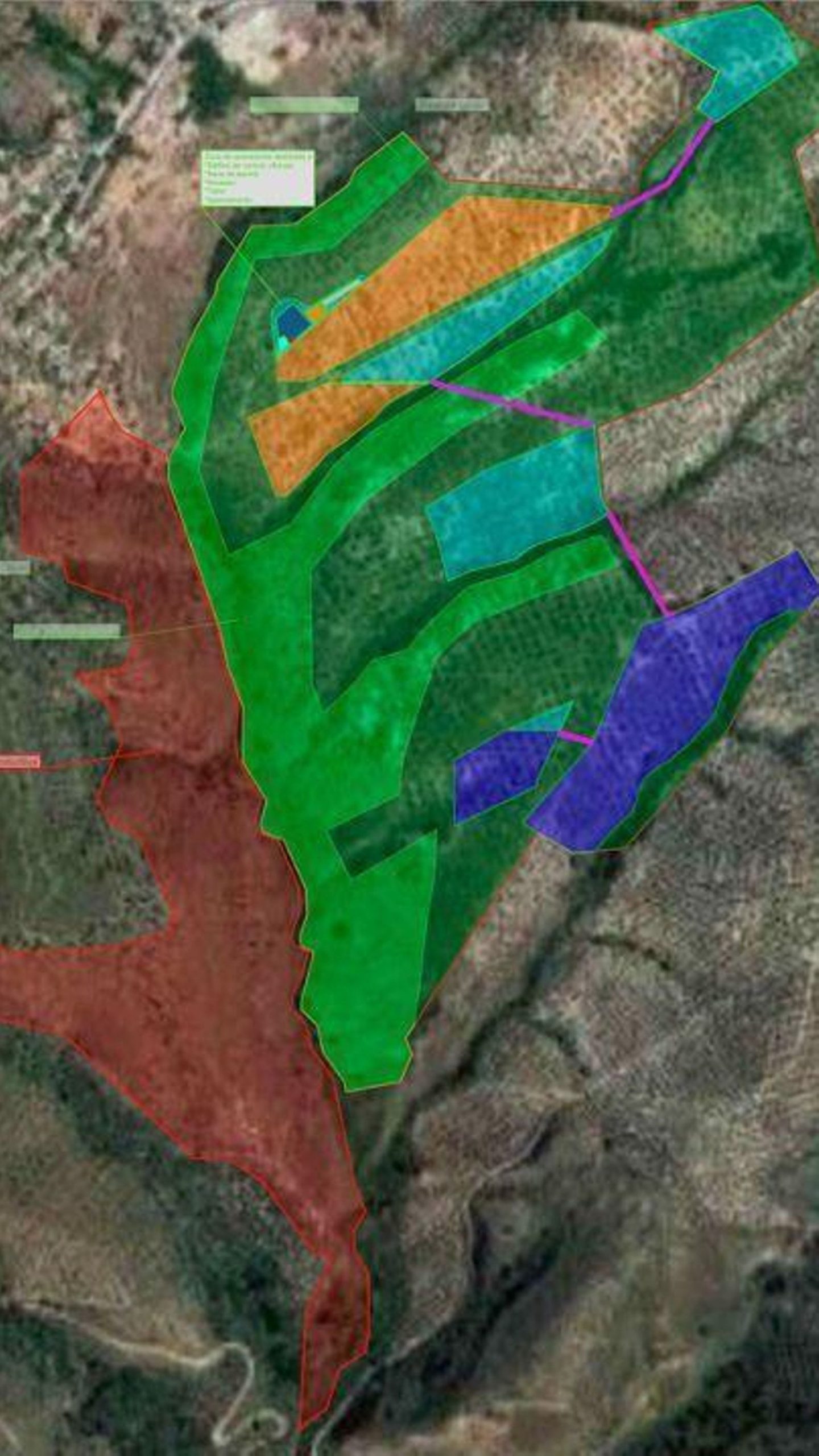 En amarillo, azul claro y azul oscuro, los proyectos fotovoltaicos, en verde oscuro y claro la zona de olivar a rehabilitar y a cultivar, y en rojo parcela agraria anexa a la Agrupación Agrovoltica los Olivillos. En amarillo, azul claro y azul oscuro, los proyectos fotovoltaicos, en verde oscuro y claro la zona de olivar a rehabilitar y a cultivar, y en rojo parcela agraria anexa a la Agrupación Agrovoltica los Olivillos.